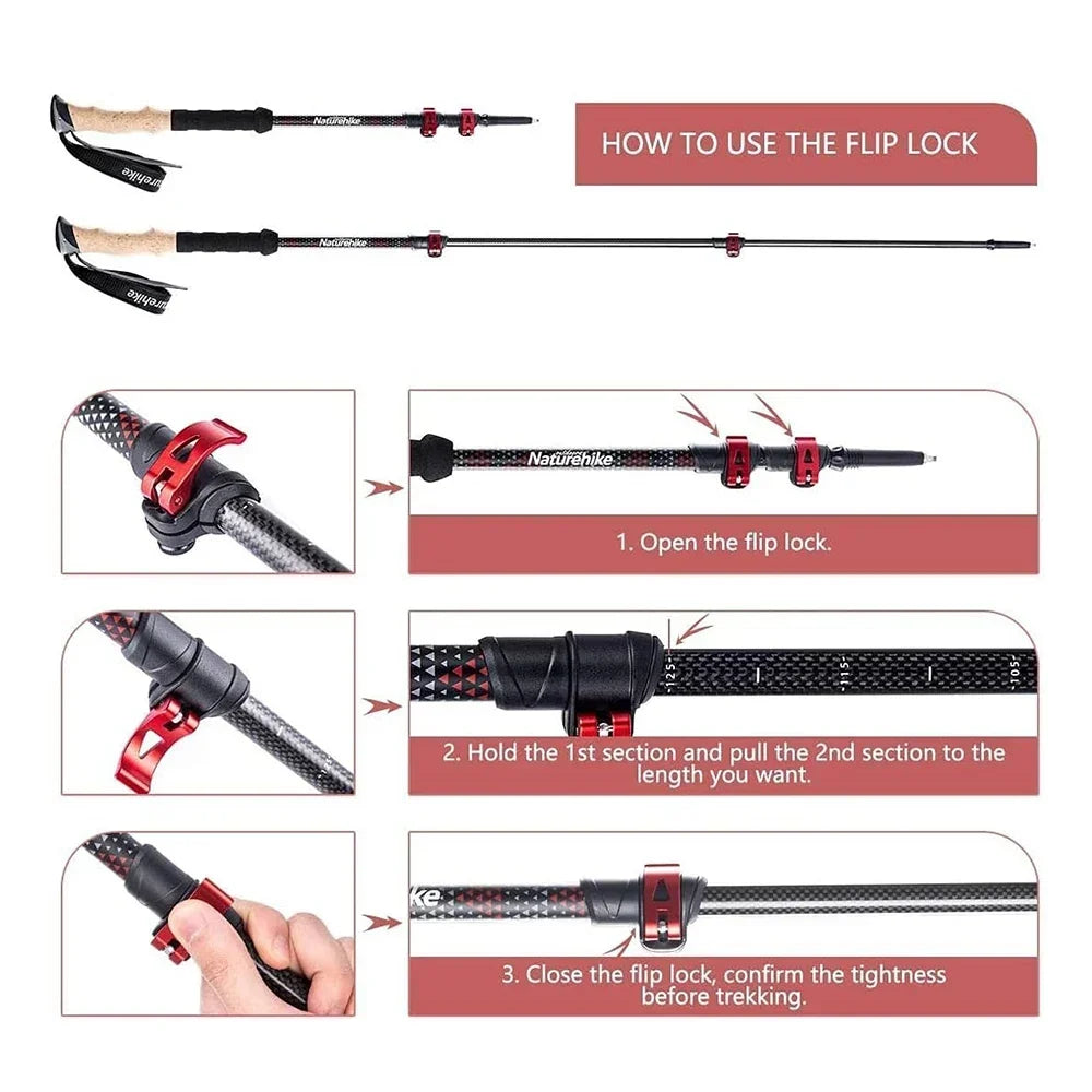 Naturehike Carbon Fiber Trekking Poles 2 Pack Telescopic Sticks